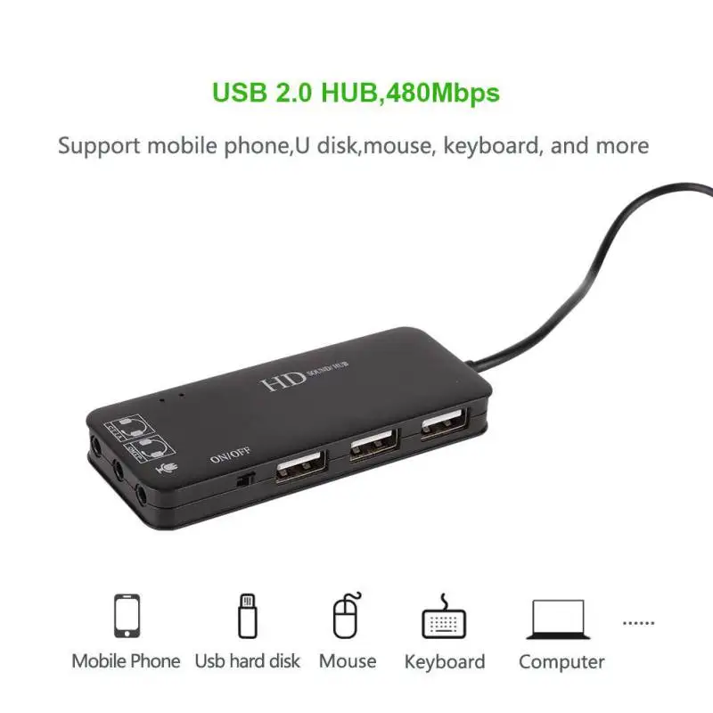 

Multi-Function HUB USB 2.0 Ports 2 Micphone USB HUB Enternal Stereo Sound Card Adapter With 3 Jack 3.5mm Earphone Audio AUX