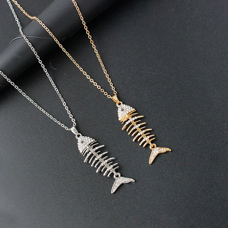 

New Fashion Fish Bone Design Pendant Necklace Personality Rhinestone Decoration Chain Collar Jewelry Gift for Women FSPXL75