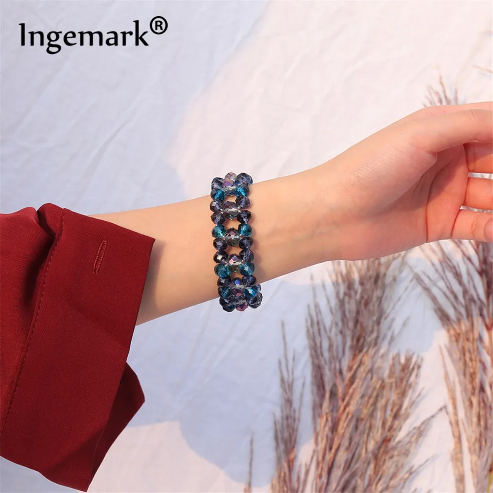 

Ingemark Bohemian Natural Crystal Statement Bracelet Bangle Blue Purple Rhinestone Alloy Beads Cuff Opening Bracelet Couple Gift