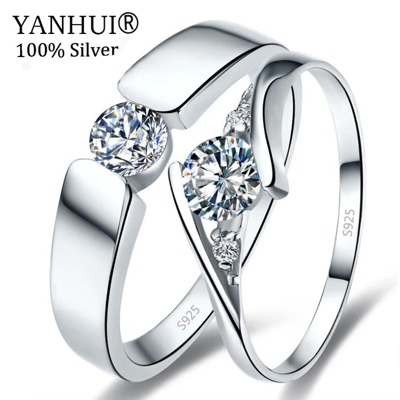 

YANHUI Original 925 Sterling Silver Couple Wedding Rings for Women and Men Cubic Zircon Engagement Rings Gift Jewelry JZ1036