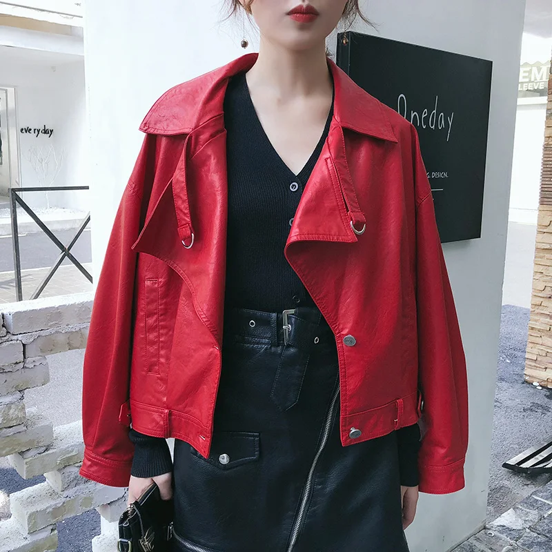 Vestes rouge Noir Boutons Chaqueta Rouge Noir Jeune Pu Nouveau Printemps Moto Automne Slim Cuir Design Manteau Faux Veste Gee En Mujer xxHaw1nqCR