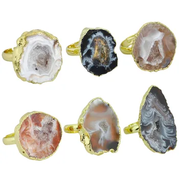 

TUMBEELLUWA 1Pc Freeform Irregular Natural Agate Geode Crystal Quartz Druzy Slice Finger Ring Gold Plated