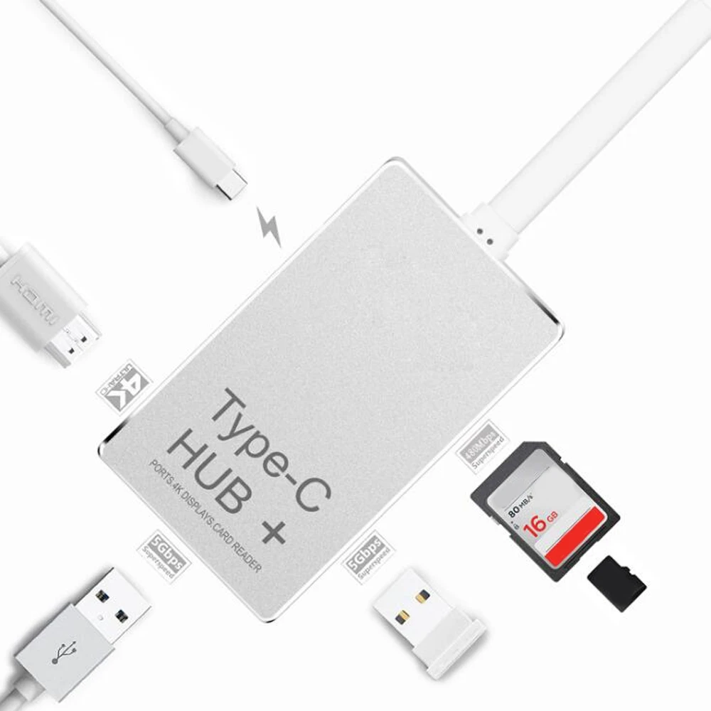 

Metal 6 in 1 USB 3.1 Type C to 4K HDMI + 2 Ports USB 3.0 Hub + Type C Charing Adapter + SD Micro SD Card Reader Hub