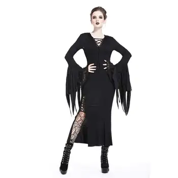 

Darkinlove Women Gothic Dress Black Deep V Neck Sexy Side Slit Ankle Length Evening Party Bodycon Dress