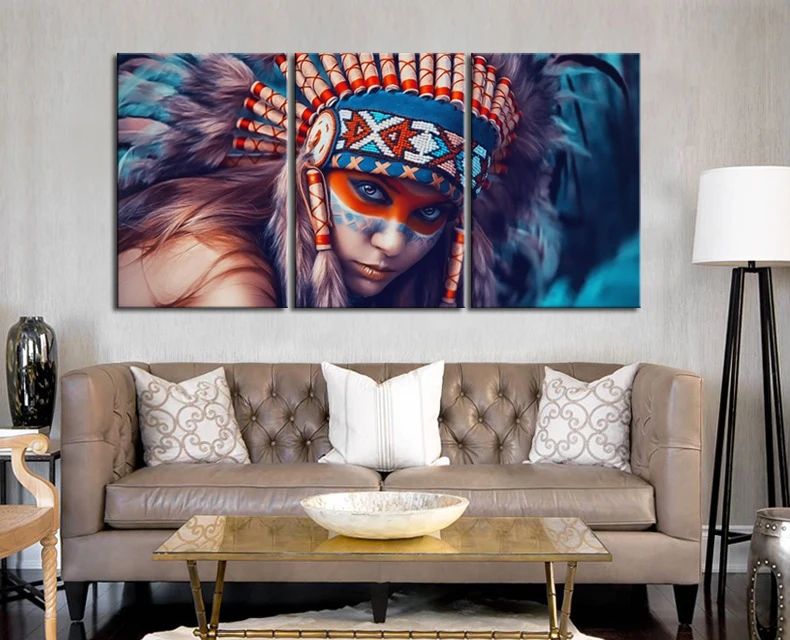 Online Custom Native American Girl plumas mujeres India moderna pintura de la muchacha para el pasillo pared arte decoración pinturas dropshipping
