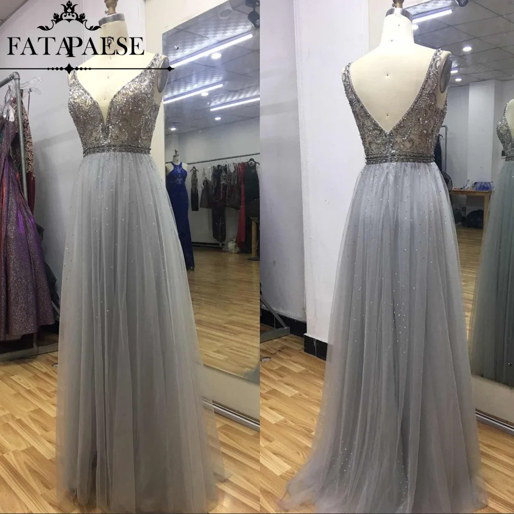 

Luxury Glitter Beaded Silver Evening Dresses Long 2019 Sexy V Neck Saudi Arabic Backless Evening Gowns Party Dresses