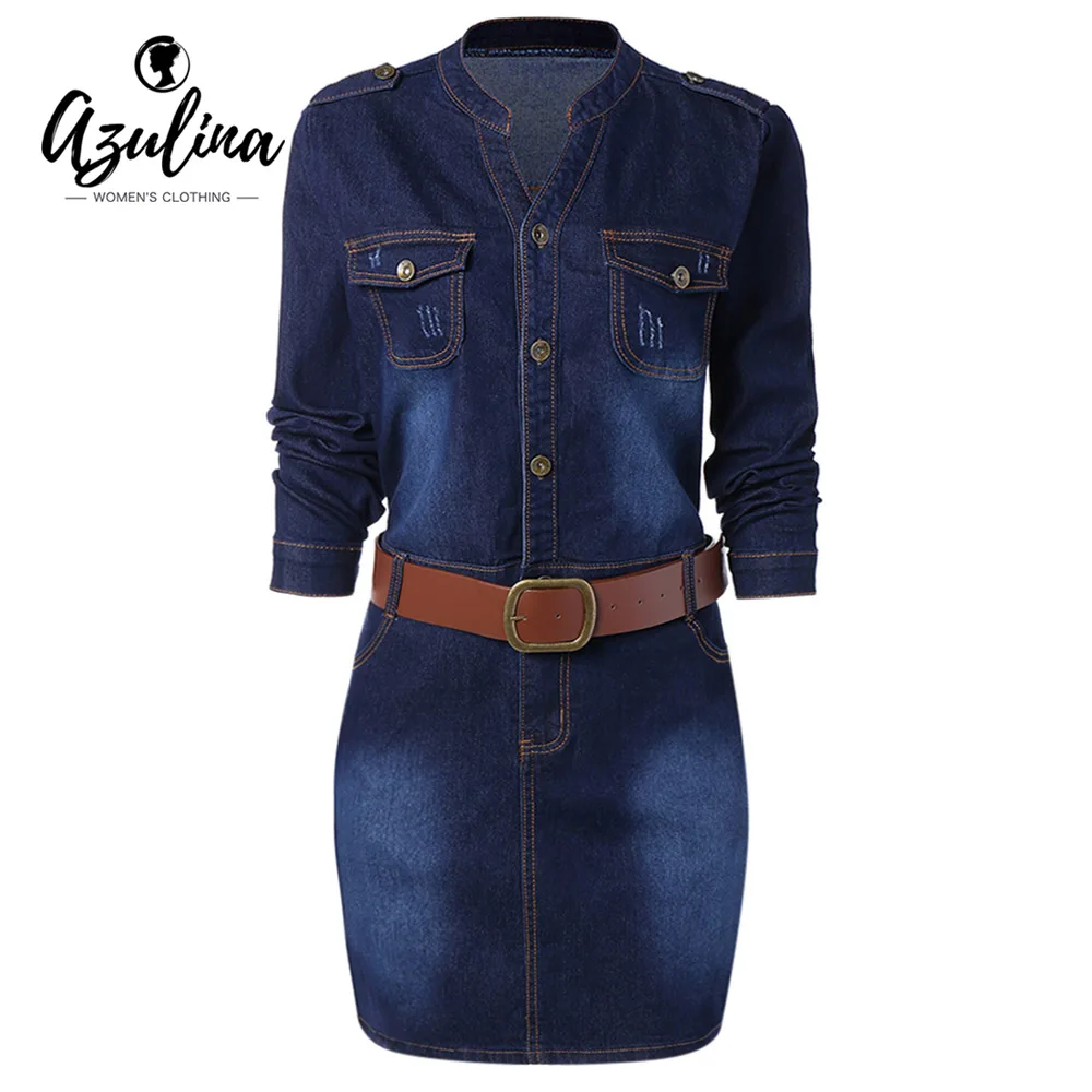 

AZULINA Plus Size Fitted Belted Denim Jean Dress Women Sheath Stand Collar Long Sleeve Denim Dresses Vestido Casual Dress Female