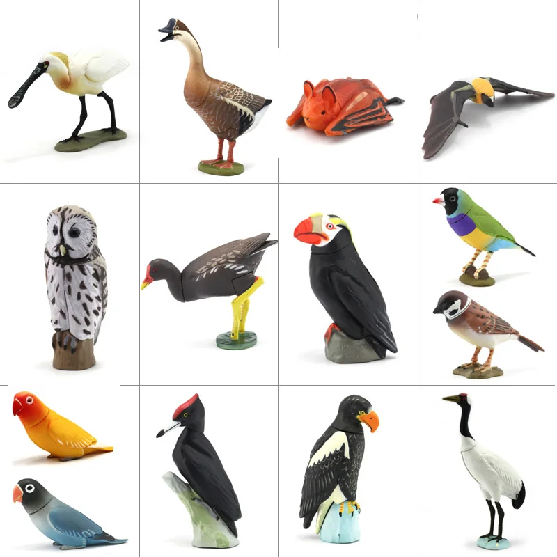

Japan genuine bulk animals Crested Ibis Tufted Puffin parrot woodpecker owl figurine extinct collectible figures for children