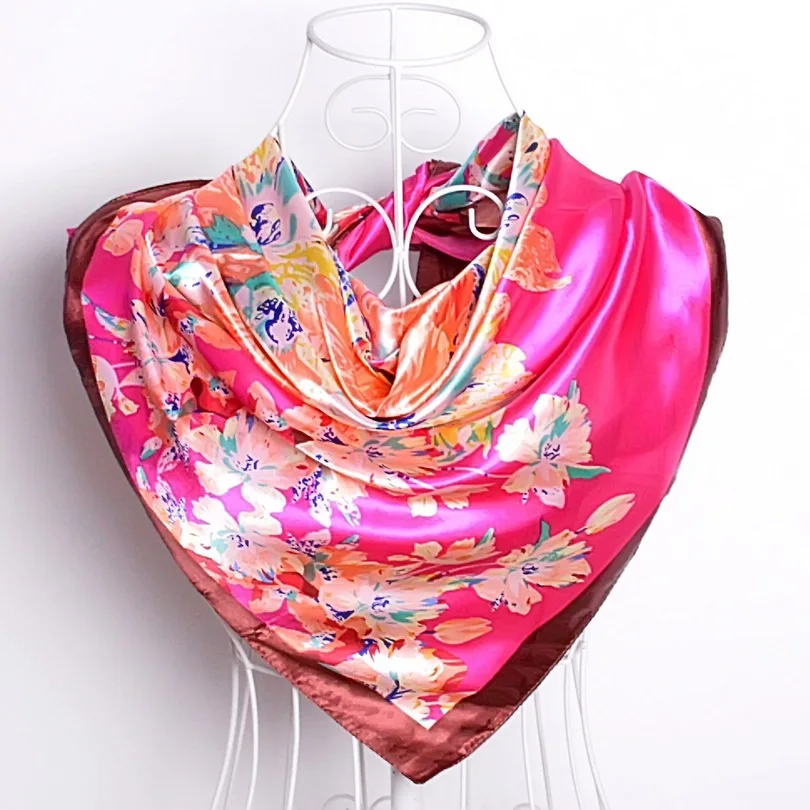 [BYISFA] женский шелковый шарф Обертывания Европейский стиль дизайн атласный большой квадратный шарф с принтом бренд женский синий шелковый шарф 90*90 см - Цвет: 2604 dark pink