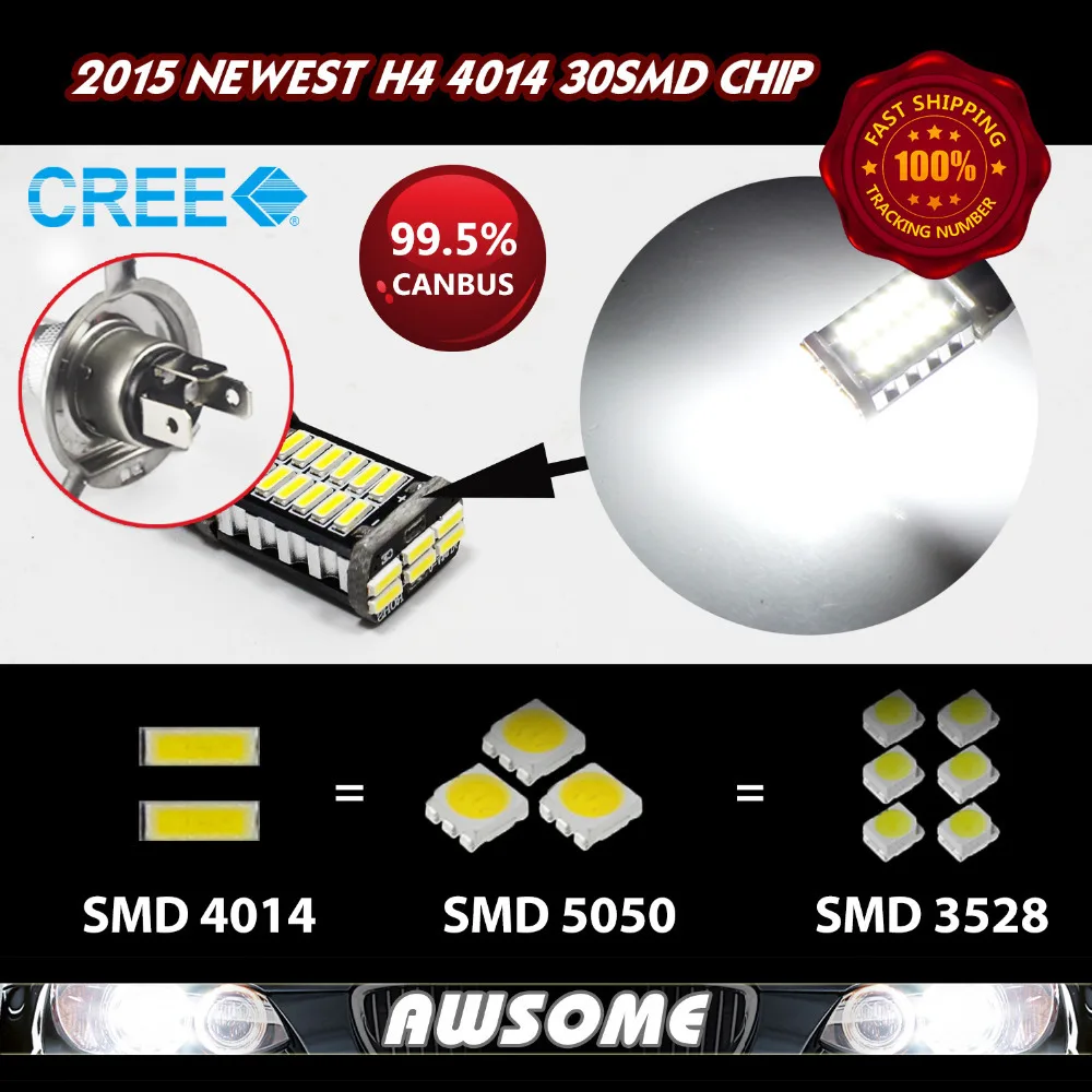 

2x H4 HB2 30SMD 4014 LED CANBUS ERROR FREE Car Motorcycle Truck DRL Daytime Driving Fog Headlight Lamps 1000LM DC 12V White
