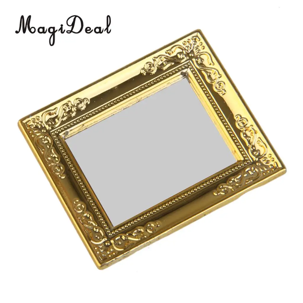 MagiDeal Fashion Design 1Pc 1/12 Scale Dollhouse Golden Frame Mirror for Dolls Miniature Bathroom Furniture Kids Classic Toy