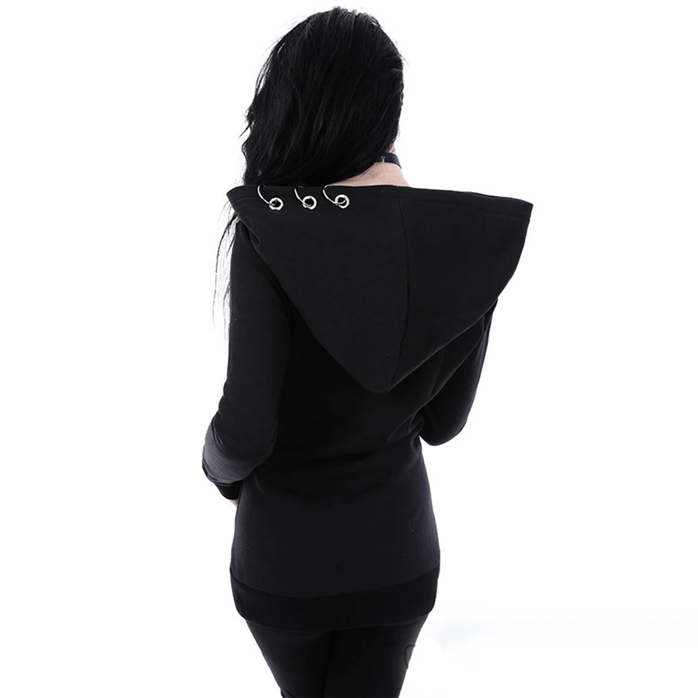  Punk Style Black Fleece Hoodie Sweatshirt Iron Rings Zipper Hooded Women 2019 Autumn Winter Cool Da