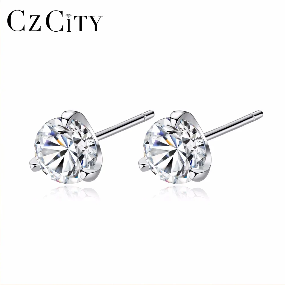 

CZCITY Clear CZ Stud Earrings Simple Three Claws Size 3mm/ 4mm/ 5mm/ 6mm 925 Sterling Silver Women Earrings Jewelry Daily Wear