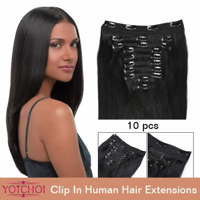 Yotchoi clip in sets products 10pcs clip in human hair extensions 14-30 straight natural colour 5A grade human hair extensions