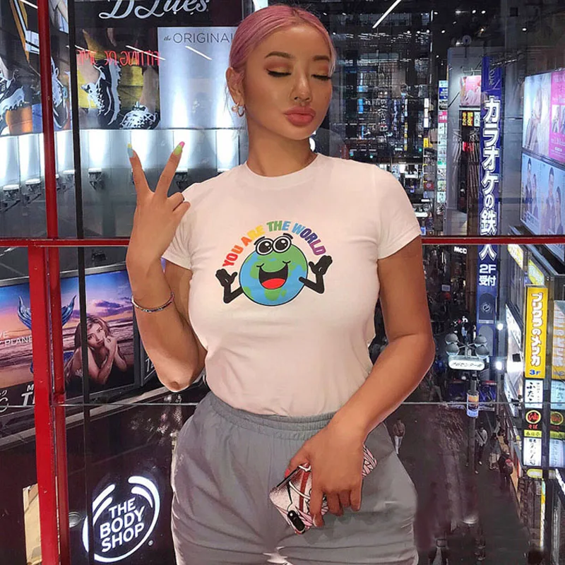 

Popular Rainbow Font Element Solid Earth Print Slim Cotton Round Neck Short Sleeve