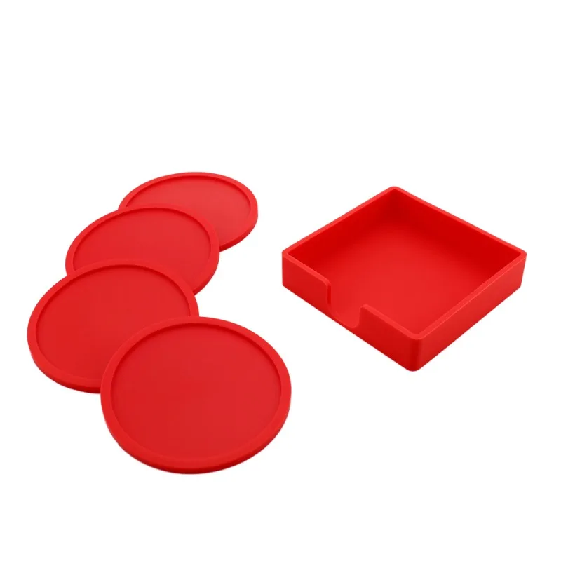 

4pcs Coasters + 1pcs Cup Holder Silicone Drinks Coasters With Storage Tray Solid Color Non-Slip Cup Pad Mat Table Protector