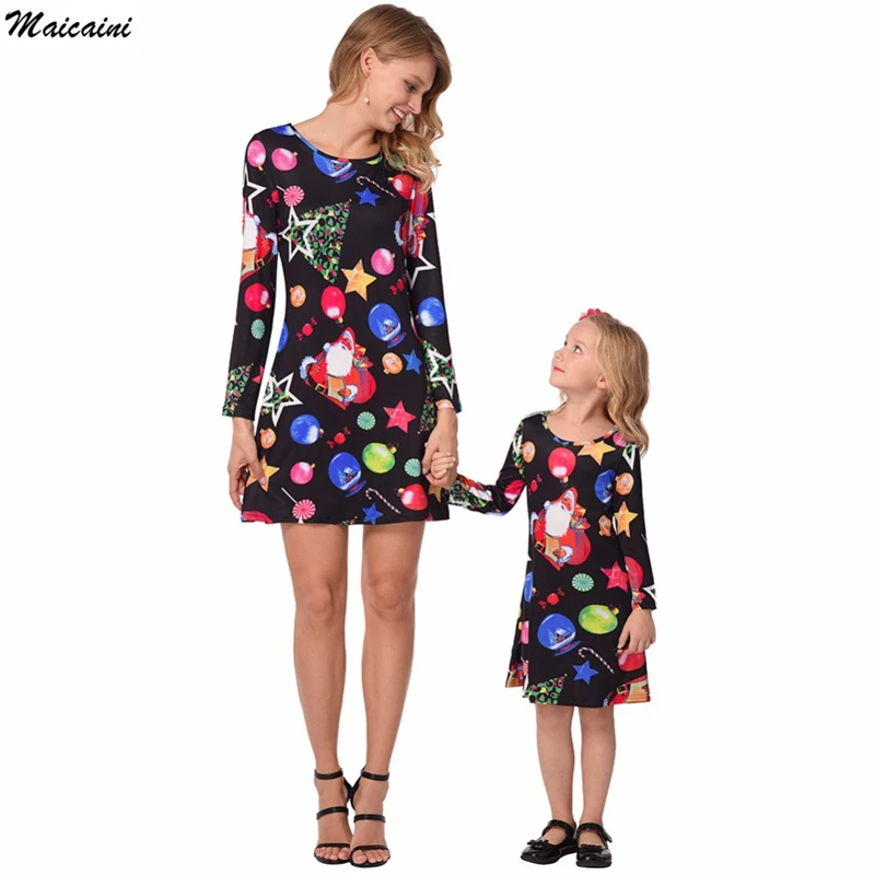

New Fashion Family Matching Outfits Mother Daughter Cartoon Print Dress Christmas Mom and Me Pajamas Women Family Party Dresses