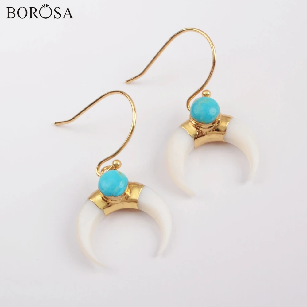 

BOROSA 5Pairs White Shell & Round Natural Turquoises Gold Plating Women Earrings Howlites Shell Dangle Earring Girls Gifts G1835