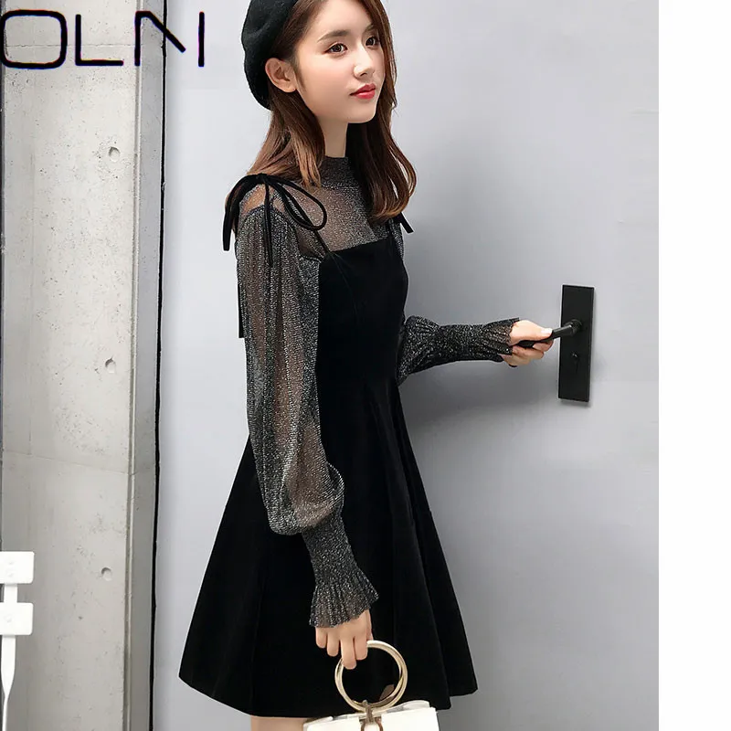 Новинка, Корейская версия, платье на подтяжках, тонкое, бархатное, темпераментное, элегантное, молодежное платье - Цвет: Black  black