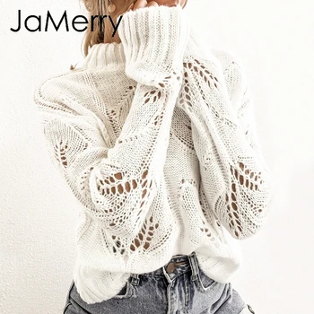 

JaMerry Vintage turtleneck crohect hollow out women pullover sweater Autumn winter casual female jumper Streetwear top overalls