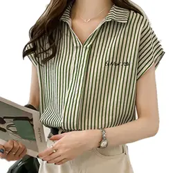 ETOSELL полосатая блуза с коротким рукавом Tuen-down воротник Топы модная повседневная рубашка женская летняя блузка