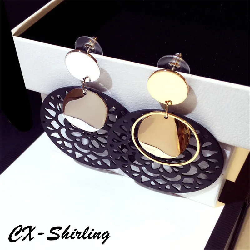 

CX-Shirling Statement Big Dangle Earrings Long Earrings For Women Hollow Black Large Circle Drop Earrings S925 Silver Needle