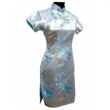 Noble Light Blue Traditional Chinese Mujer Vestido Women’s Cheongsam Mini Qipao Dress Flower S M L XL XXL XXXL 4XL 5XL 6XL J4033