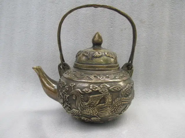 5.51 inch /China's old copper hand-carved auspicious longfeng teapot image_1