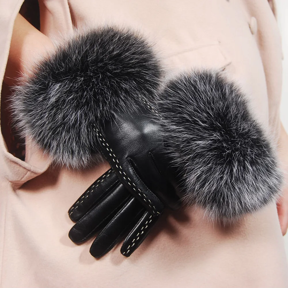 

HOT Winter Women Genuine Leather Super Large Fox Fur Short Warm Gloves Mujer Motorcycle Fleece Lined Black Mittens Female Luvas