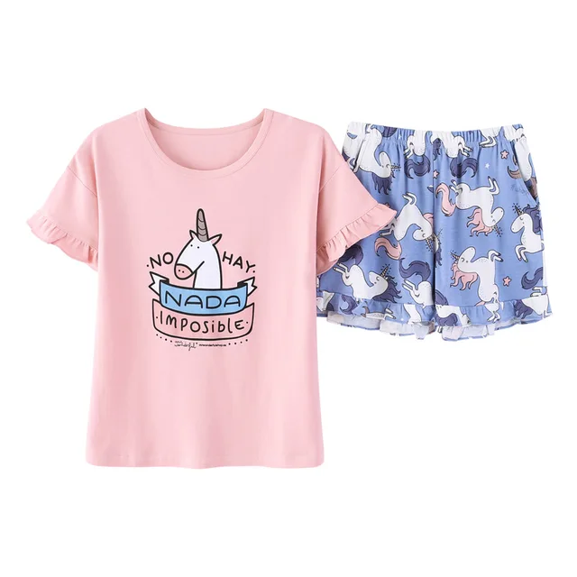 Cute Women 'S Pajama Sets Unicorn Print 2 Pieces Set Crop Top Shorts