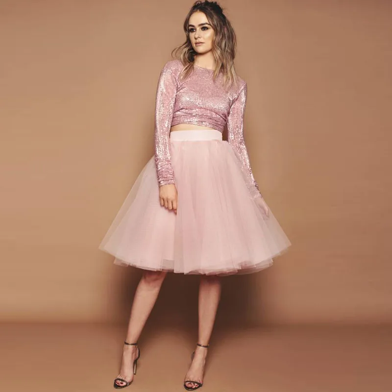 Fashion Midi Blush Pink Tulle Skirts For Pretty Lady 2018 Zipper Knee