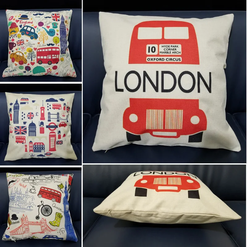 

London Style Printed Cushion Cover London Bus Building Pattern Linen Cotton Square Throw Pillows For Sofa Chair Car Home Decor