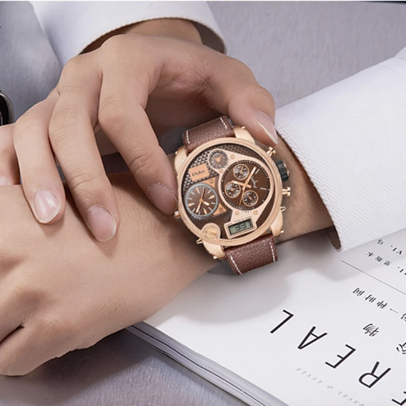 

Oulm Super Big Watch Male Quartz Large Dial Two Time Zone Dual Display Wristwatch Luxury Brand Men's Sport Watches