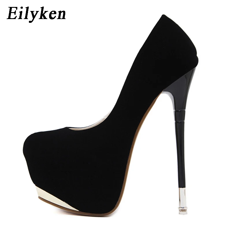 Eilyken/женские туфли-лодочки из флока; обувь на платформе; пикантные туфли на высоком каблуке; Новинка года; осенние вечерние женские туфли-лодочки с круглым носком; свадебные туфли - Цвет: Black