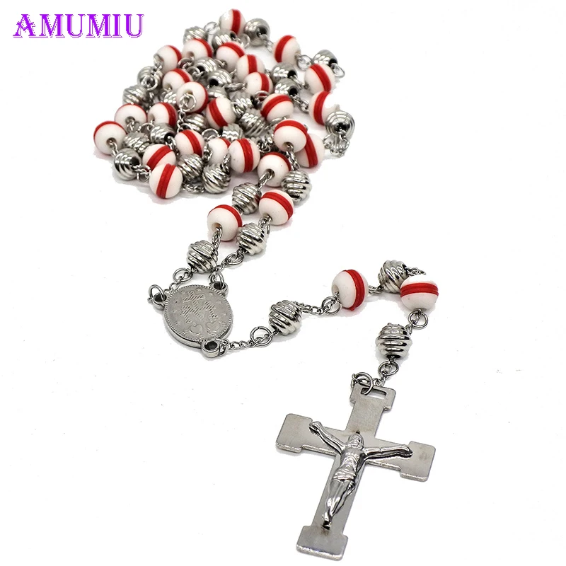 

AMUMIU Gold Silver Big Heavy Red White Pearl Catholic Rosary Necklace Glass Beads Decade Rosary Pendent For Women Men N017