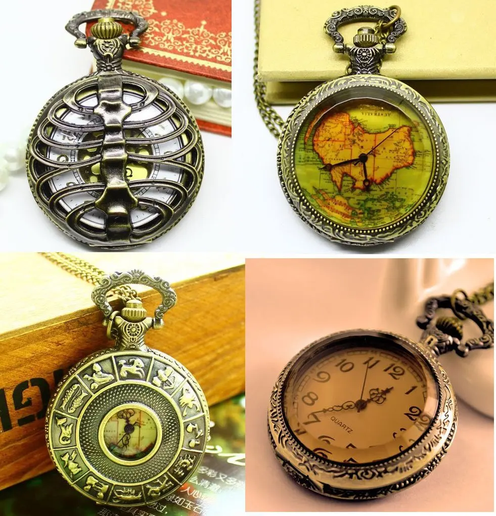 

12pcs/lot Victorian Style Antique Punk Vertebra / Map Pocket Watch Necklace AB-MW2, 4 designs mixed