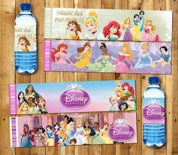 

Princess Snow White Mermaid Jasmine Bottle Water Labels Stick Wrappers Baby Shower Birthday Party Decorations Kids Supplies