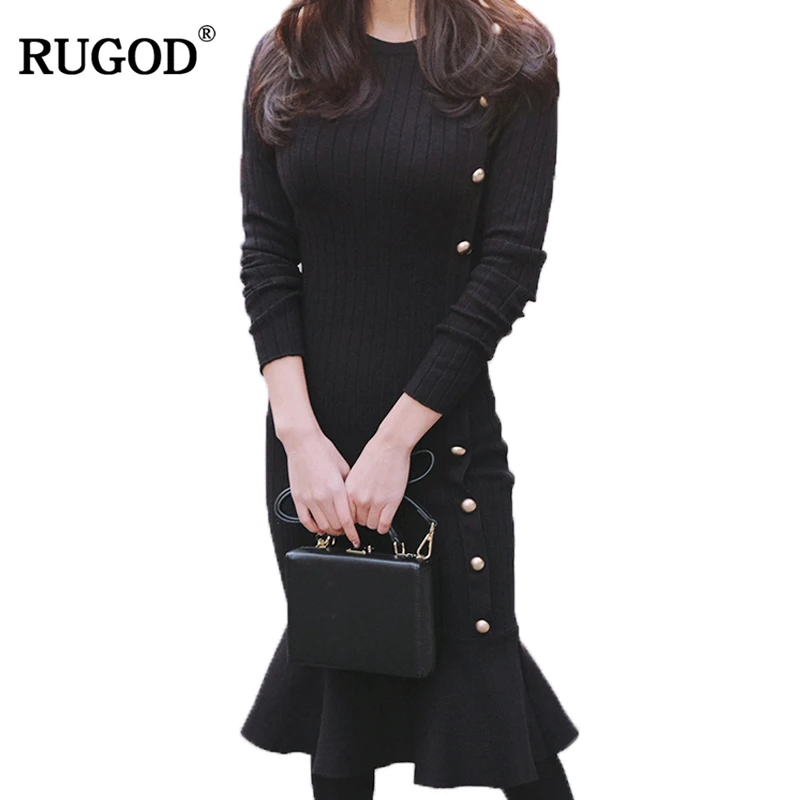 Осенне зимнее трикотажное платье RUGOD 2019 женское элегантное дизайнерское с