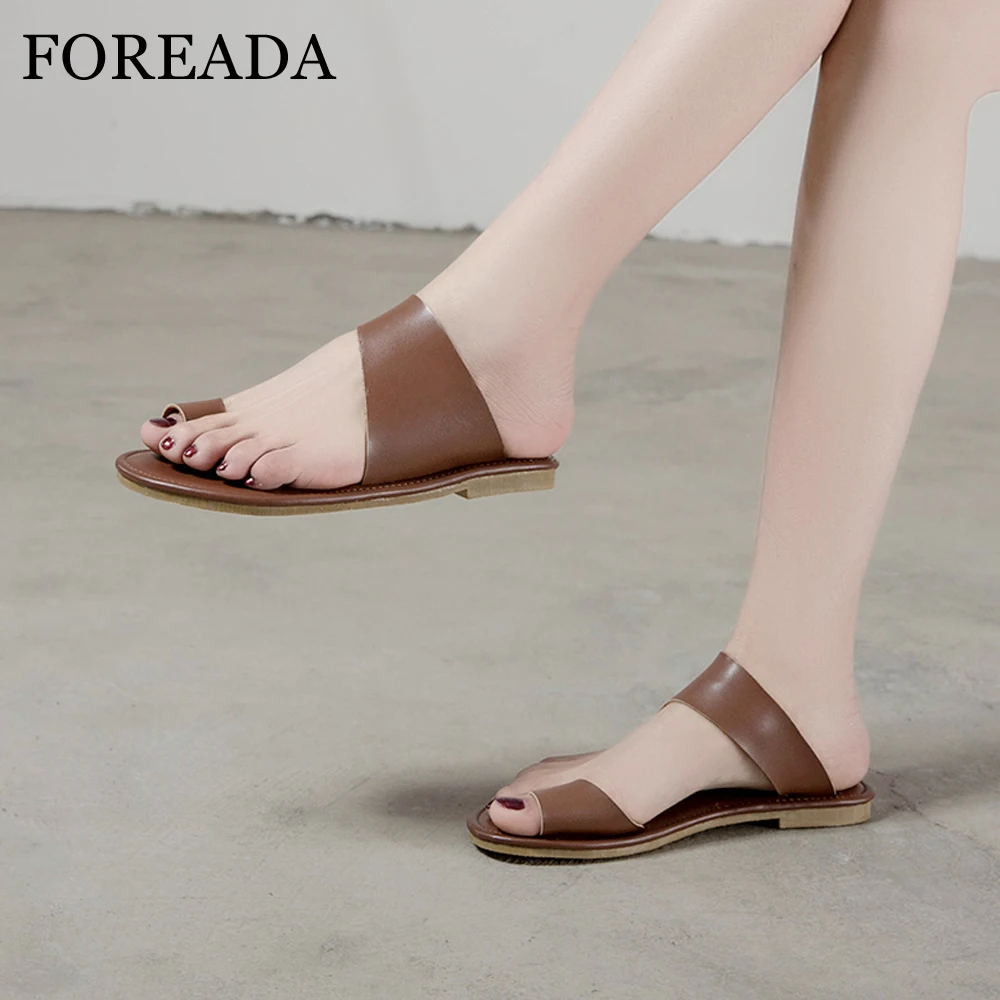 

FOREADA Summer Flip Flops Shoes Women Casual Flat With Slides Split Leather Open Toe Slippers Female Sandals Red Big Size 34-43