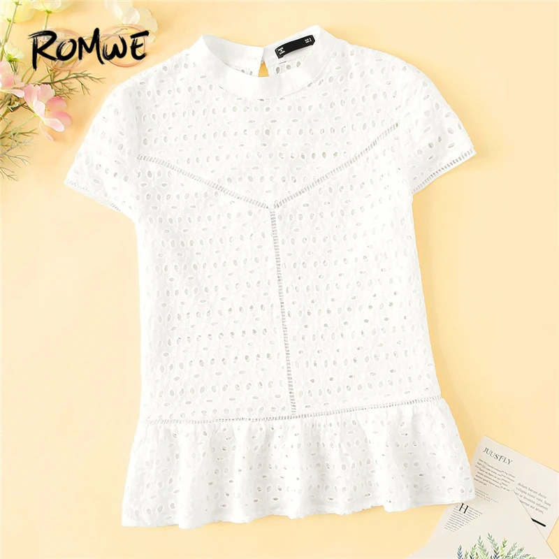 

ROMWE Mock Neck Lace Insert Eyelet Embroidered Top 2019 White Ruffle Hem Women Blouse Summer Cap Sleeve Stand Collar Blouse