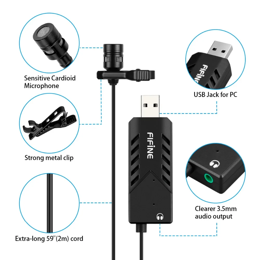 Usb com Placa de Som Som para pc e Mac k053 Fifine Lapela Clip on Cardióide Microfone Condensador Computador Microfone Plug And Play para pc e Mac k053 - Image 6
