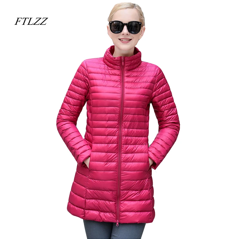 

Ftlzz New Winter Women Down Jacket Fashion Slim Medium Long Jacket Stand Collar Ultra Light Duck Down Ladies Parka Ladies Parka