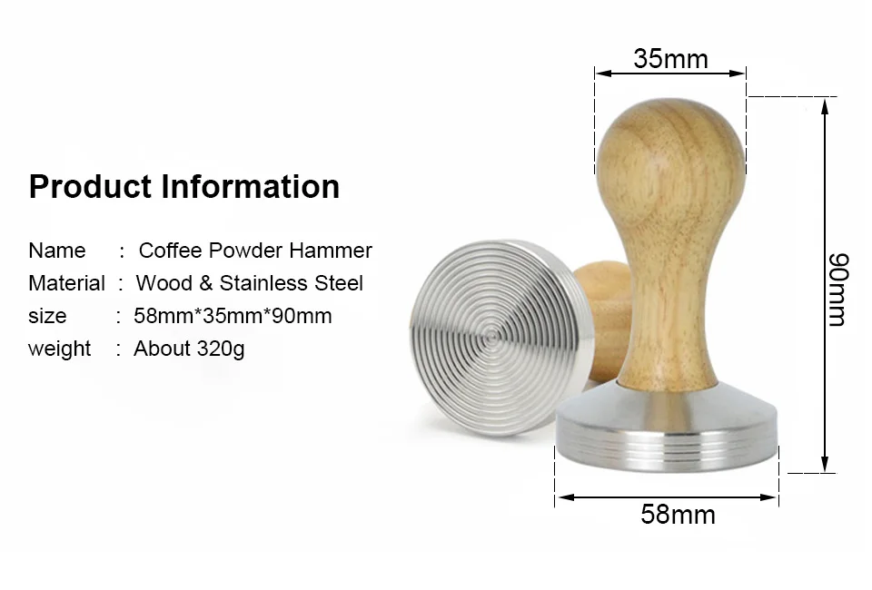 Borrey Темпер для кофе, экспрессо 58 мм Нержавеющая сталь Кофе стойка для трамбовки с ручка из плотной древесины Кофе порошок молоток плоский пульсации