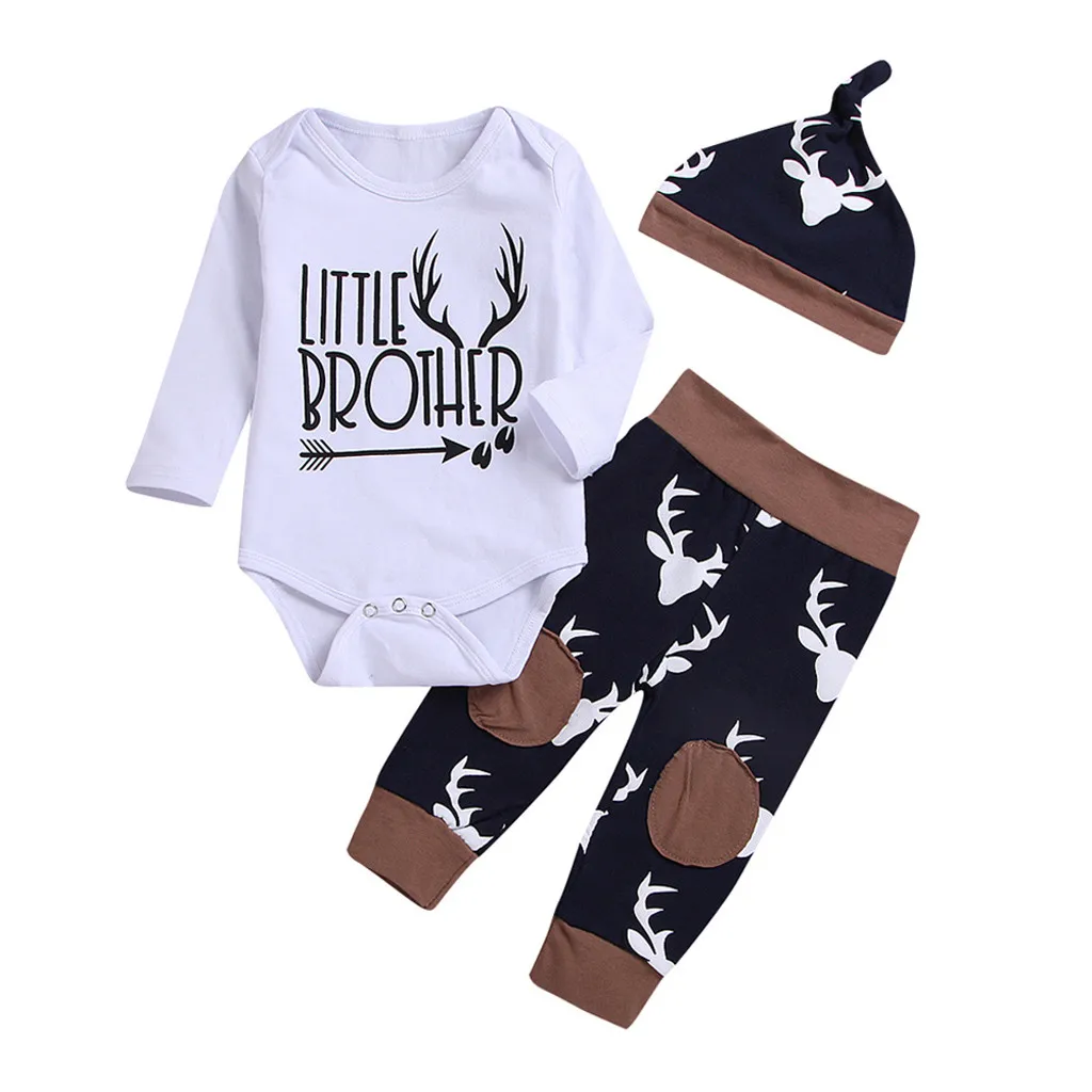 

MUQGEW Toddler Baby Boys Clothes Set 3PCs Letter Deer Print Romper Jumpsuit Pants Hat Outfits Set children's clothing