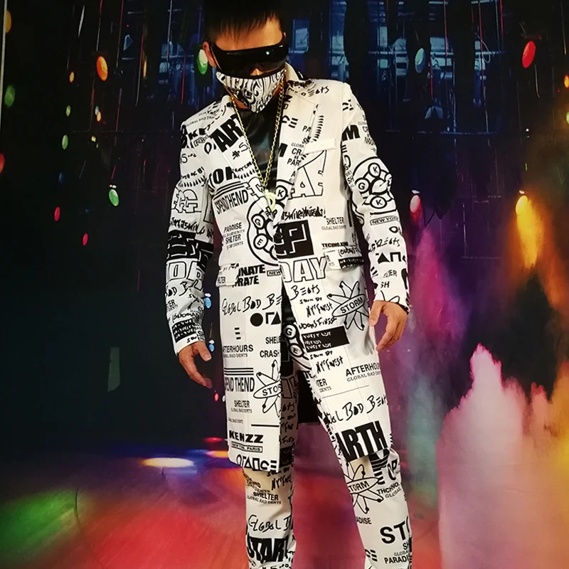 

Custom Made Men Casual Blazer Jacket Fashion Graffiti Hip Hop Long Suit Coat Male Party Stage Singer Dancer DJ Costume