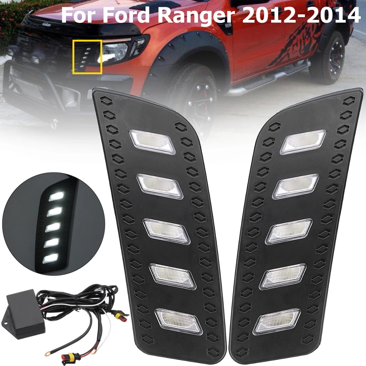 1 Pair LED DRL Daytime Running Lights With Wiring for Ford Ranger PX1 T6 MK1 2011 2012 2013 2014