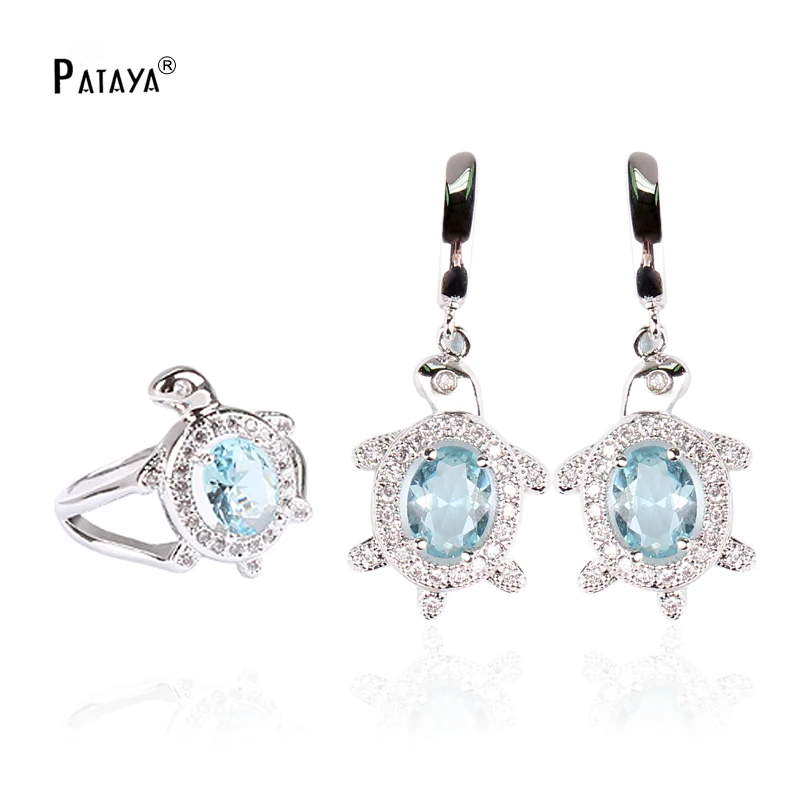Pataya New Little Turtle Jewelry Set True White Gold Color Natural Cubic Zirconia Ring Orecchini Set Fine Romanric Jewelry Set