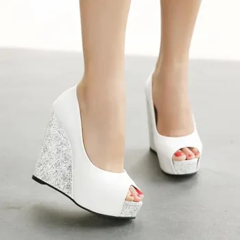 

Sweet Fish Mouth High Heels Women's Shoes Wedges Waterproof Platform Shoes Light Color Blue & White Comfortable Lady's Shoes