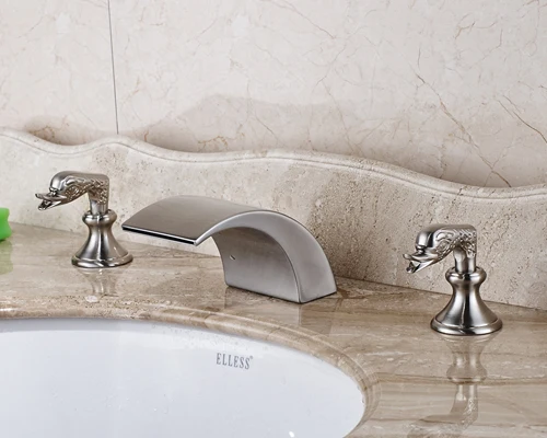 

Nickel Brushed Finished Double Handles Bathroom Sink Faucet Widespread 3pcs Mixer Tap