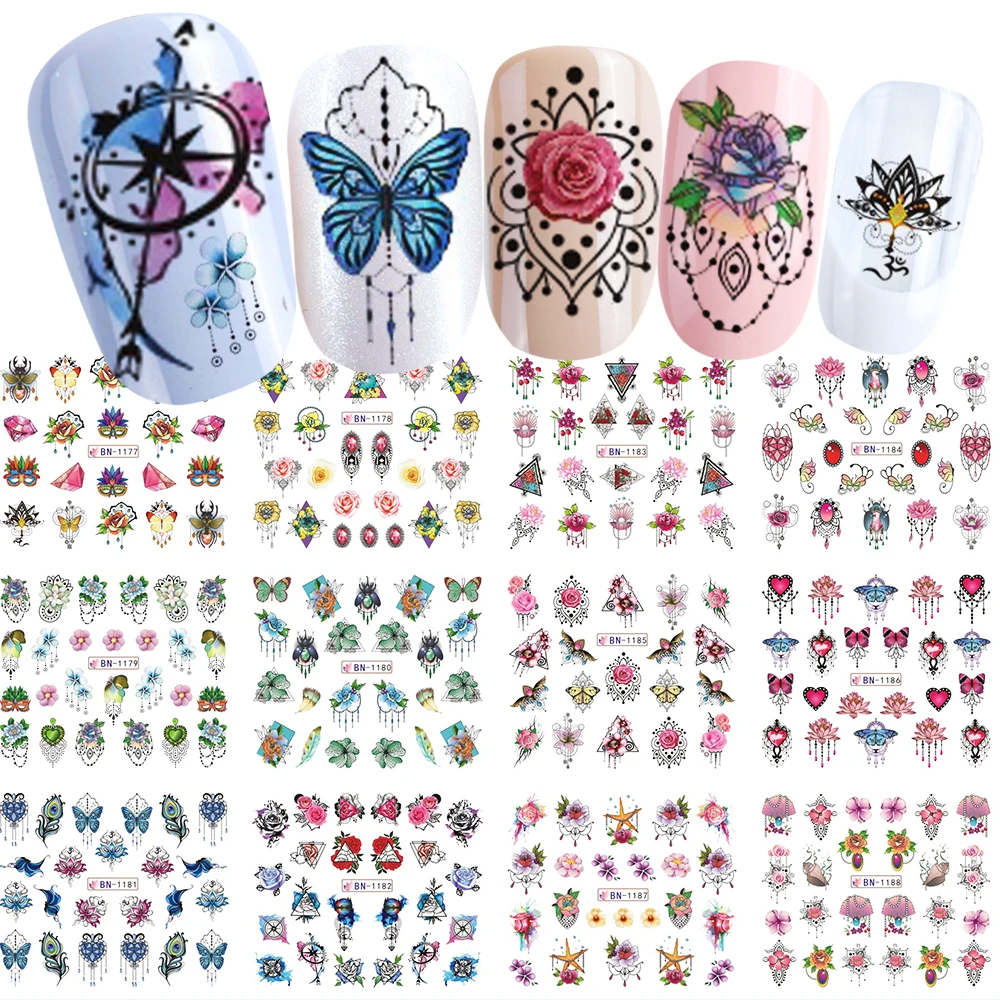 

New Mix Jewelry Design Water Transfer Nail Art Sticker Decal Flower Necklace Dreamcather Watercolor Wrap Slider SABN1177-1188